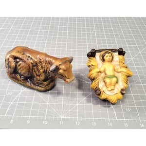 Vintage Nativity Set Japan Baby Jesus Manger Ox Figurines Hand Painted